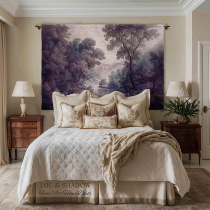 Purple Pastoral Landscape Woven Wall Tapestry | 19th Century Atmospheric Scene Timeless Romantic Classic Countryside Elegant Forest Blanket