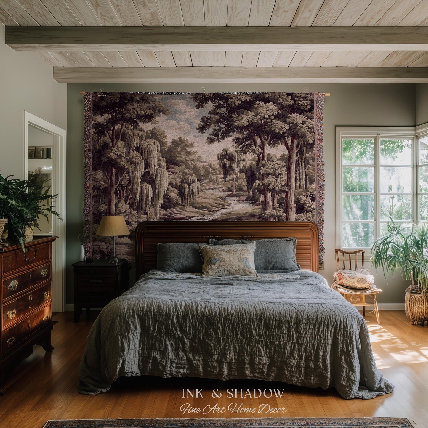 Willow Creek Heritage Textile Woven Wall Art | Scenic Forest Brook Landscape Vintage Pastoral Woodland Tapestry Old World Storybook Blanket