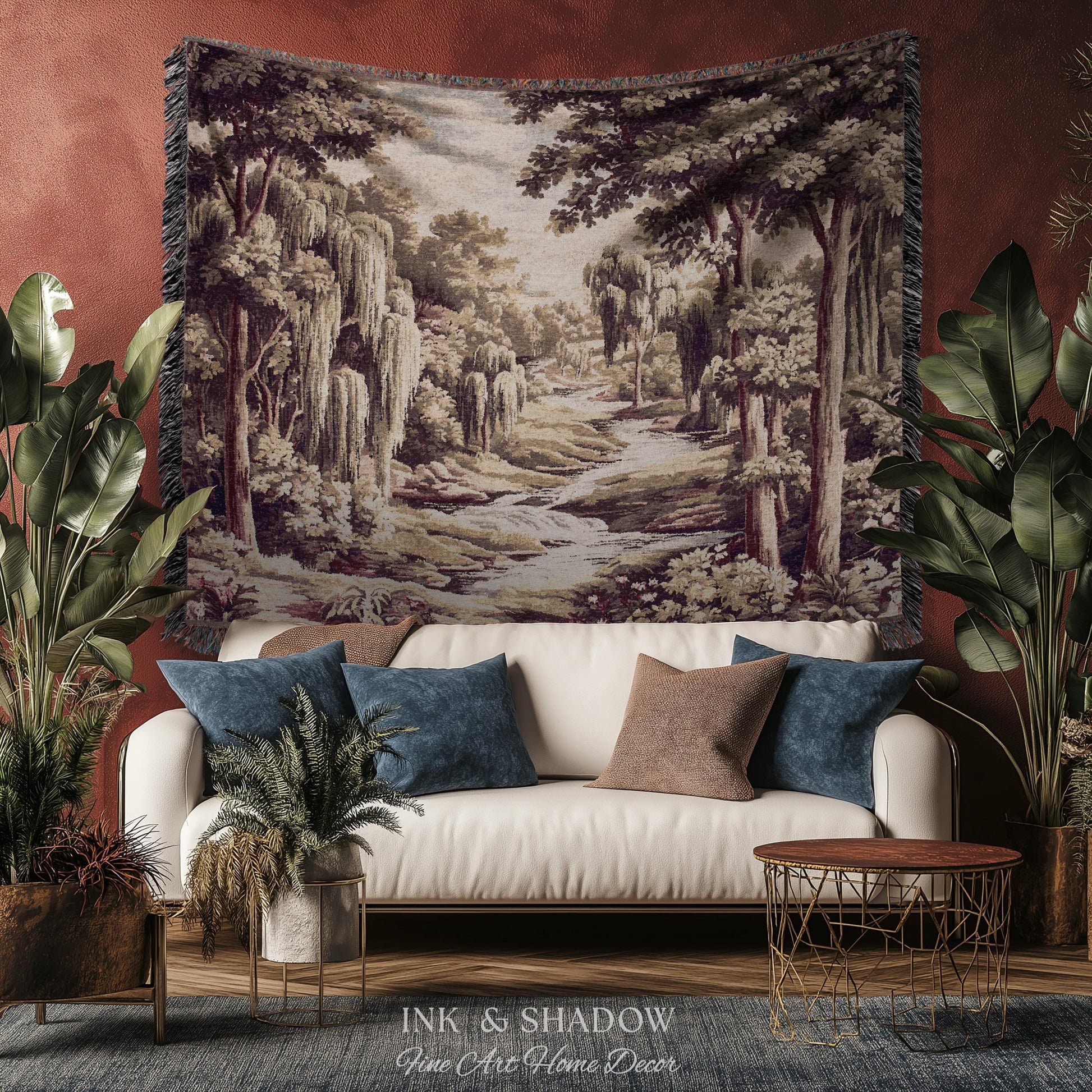 Willow Creek Heritage Textile Woven Wall Art | Scenic Forest Brook Landscape Vintage Pastoral Woodland Tapestry Old World Storybook Blanket