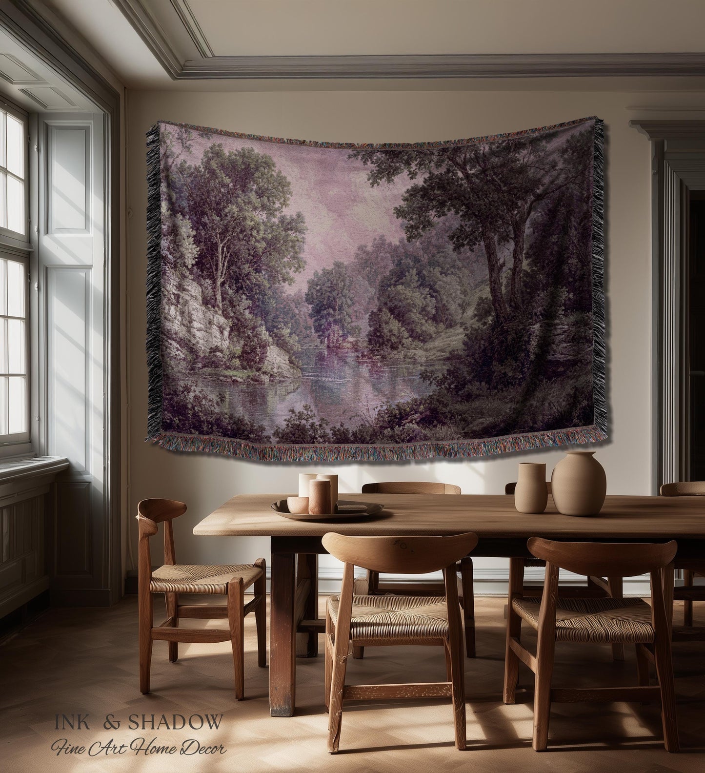 Calming Riverbank Muted Purple Rococo Tapestry | Soft Woodland Pastoral Scenery Historic Elegance Traditional Verdure Woven Jacquard Blanket