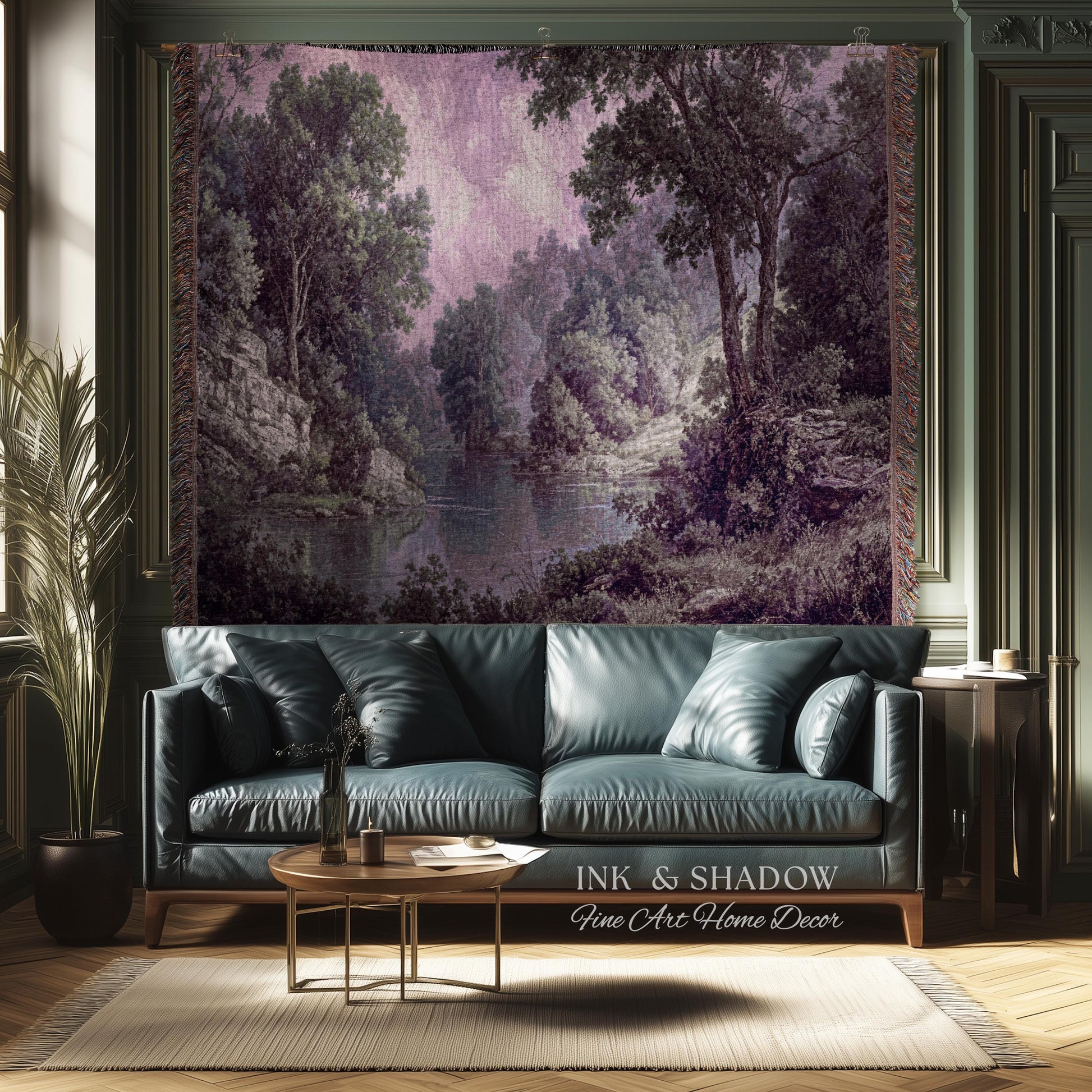 Calming Riverbank Muted Purple Rococo Tapestry | Soft Woodland Pastoral Scenery Historic Elegance Traditional Verdure Woven Jacquard Blanket