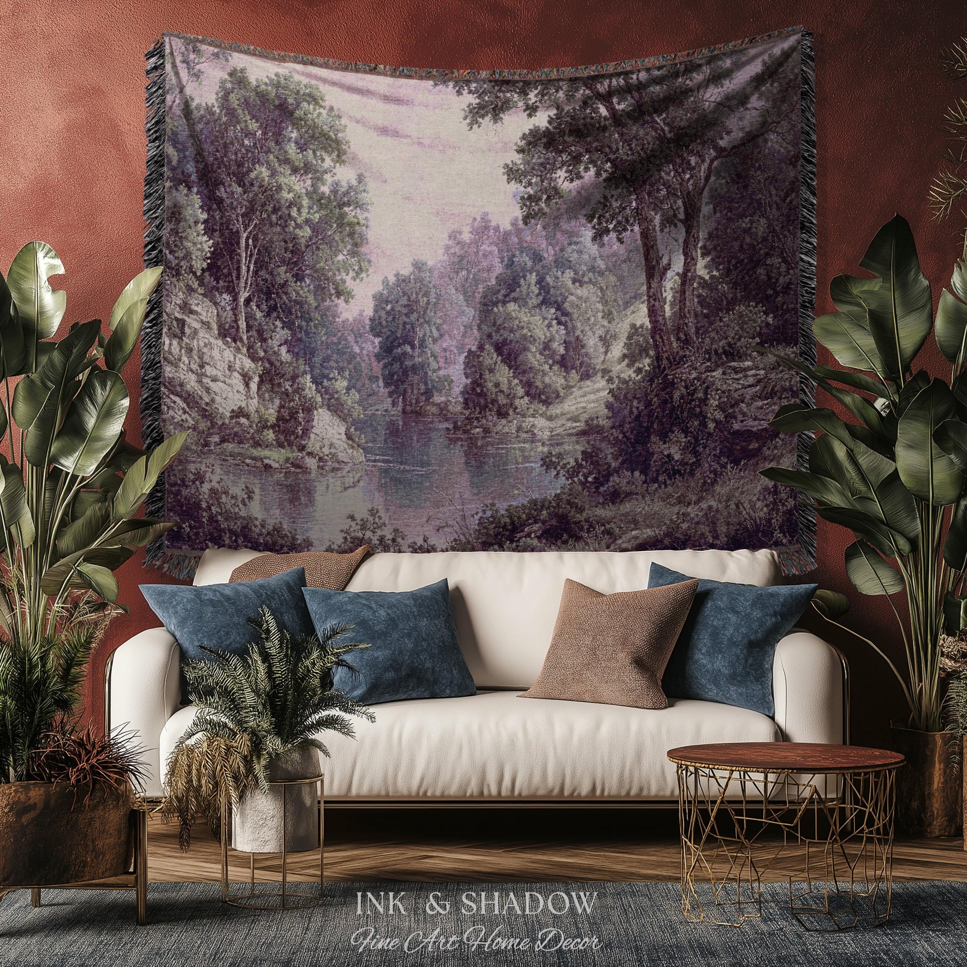 Calming Riverbank Muted Purple Rococo Tapestry | Soft Woodland Pastoral Scenery Historic Elegance Traditional Verdure Woven Jacquard Blanket