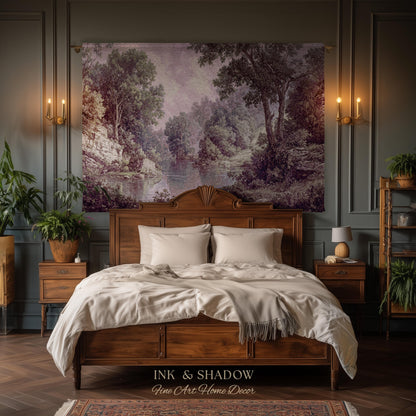 Calming Riverbank Muted Purple Rococo Tapestry | Soft Woodland Pastoral Scenery Historic Elegance Traditional Verdure Woven Jacquard Blanket