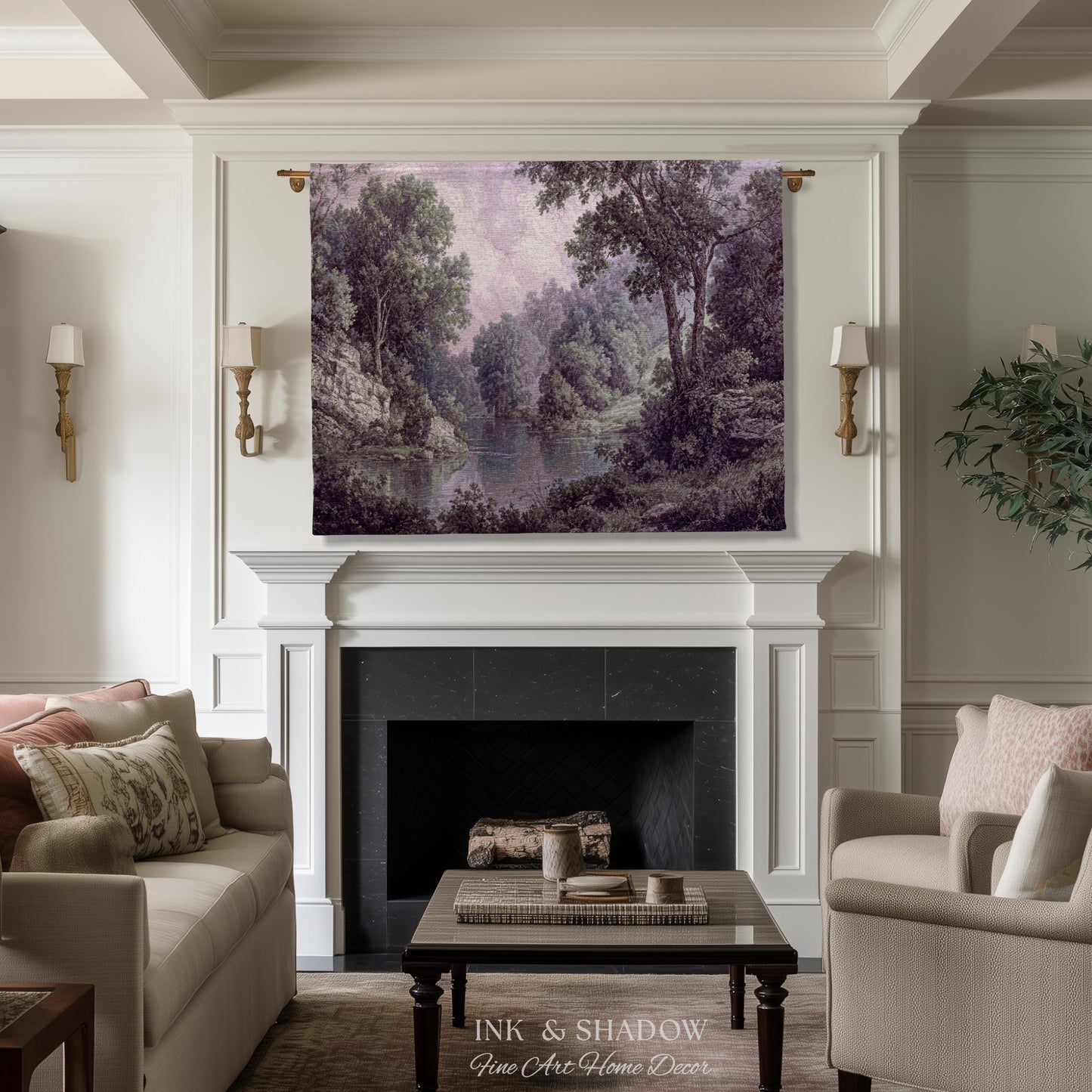 Calming Riverbank Muted Purple Rococo Tapestry | Soft Woodland Pastoral Scenery Historic Elegance Traditional Verdure Woven Jacquard Blanket