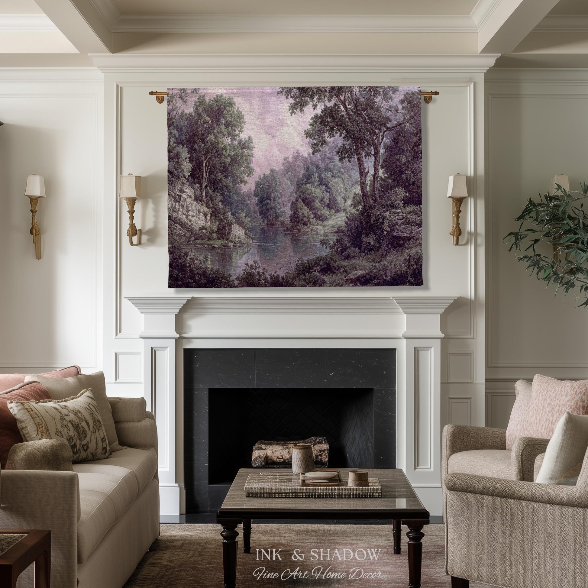 Calming Riverbank Muted Purple Rococo Tapestry | Soft Woodland Pastoral Scenery Historic Elegance Traditional Verdure Woven Jacquard Blanket