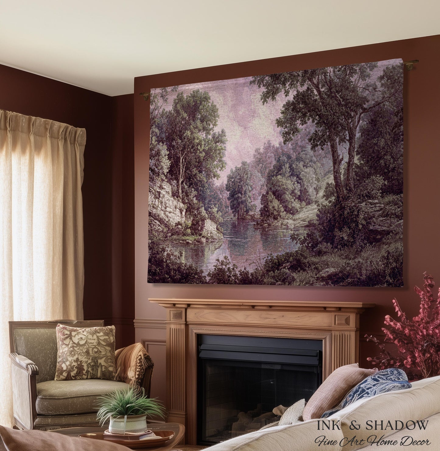 Calming Riverbank Muted Purple Rococo Tapestry | Soft Woodland Pastoral Scenery Historic Elegance Traditional Verdure Woven Jacquard Blanket