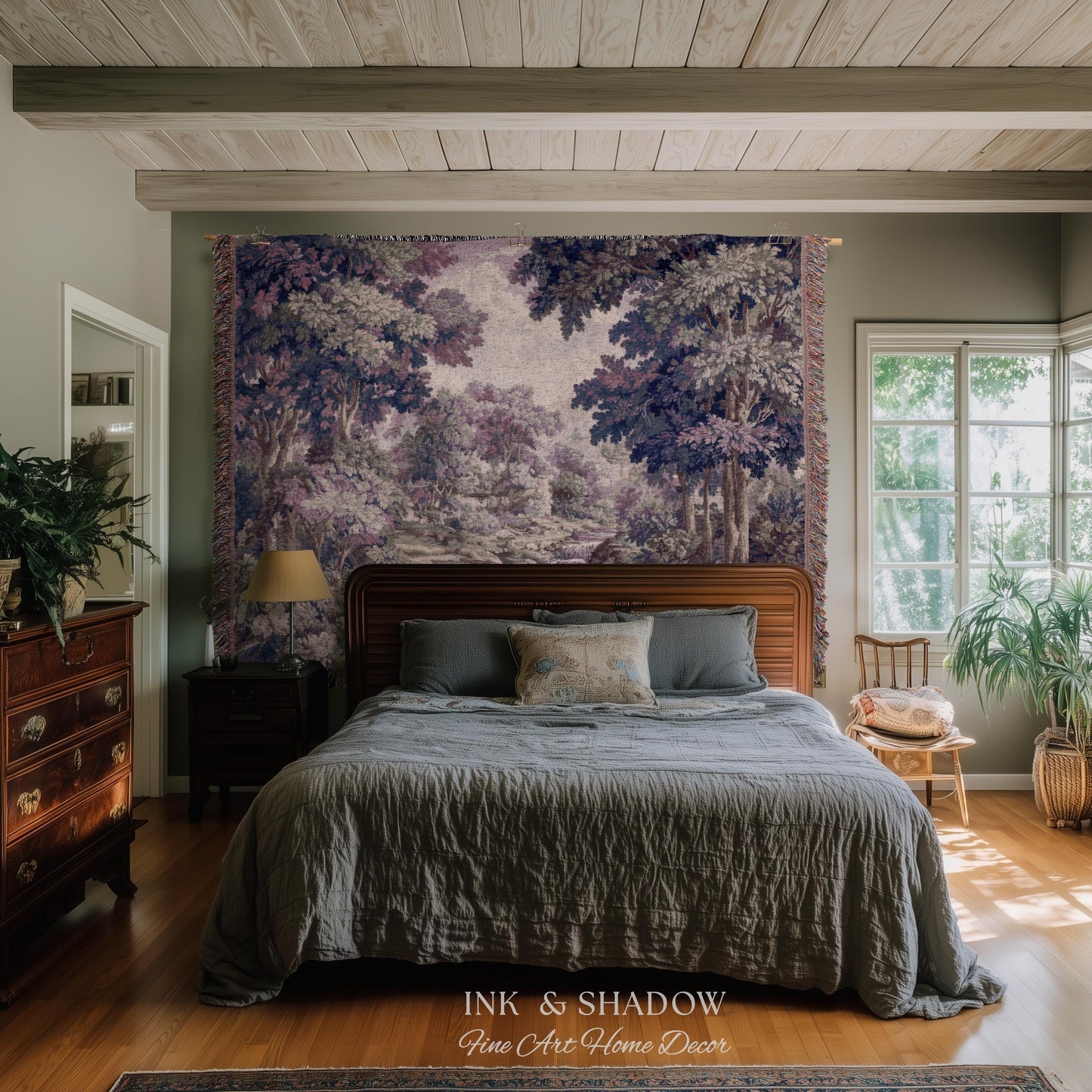 Dreamy Riverbank Romantic Wall Hanging | Cool Tone Pastel European Jacquard Woven Throw Blanket Aubusson French Verdure Tapestry Botanical