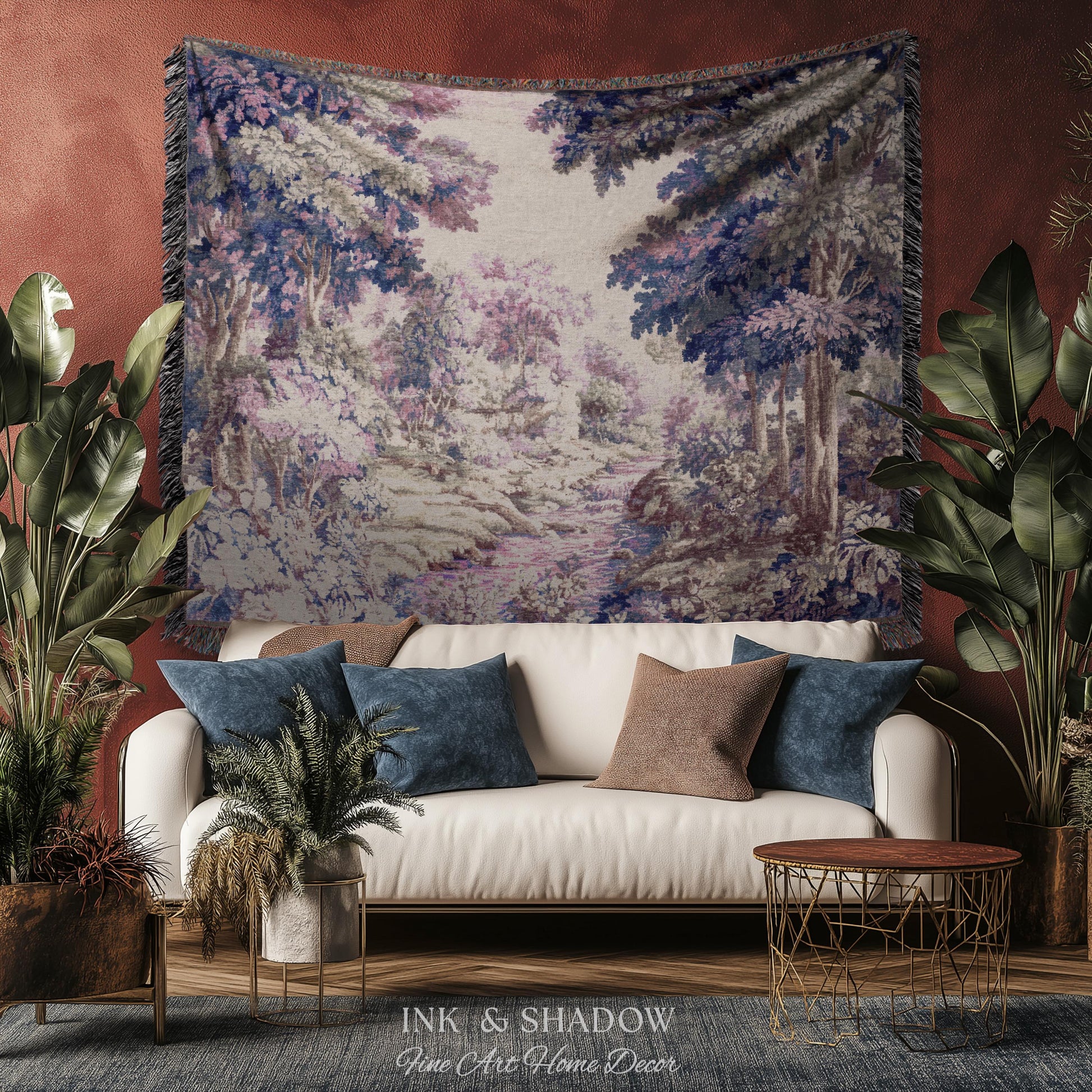 Dreamy Riverbank Romantic Wall Hanging | Cool Tone Pastel European Jacquard Woven Throw Blanket Aubusson French Verdure Tapestry Botanical