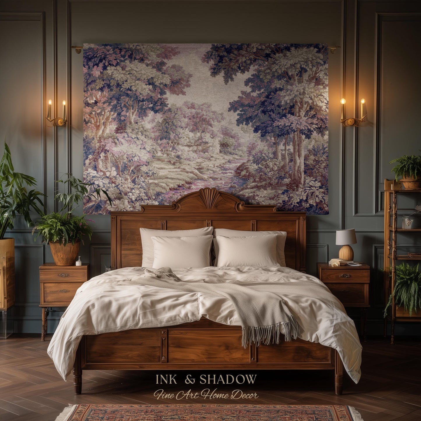Dreamy Riverbank Romantic Wall Hanging | Cool Tone Pastel European Jacquard Woven Throw Blanket Aubusson French Verdure Tapestry Botanical