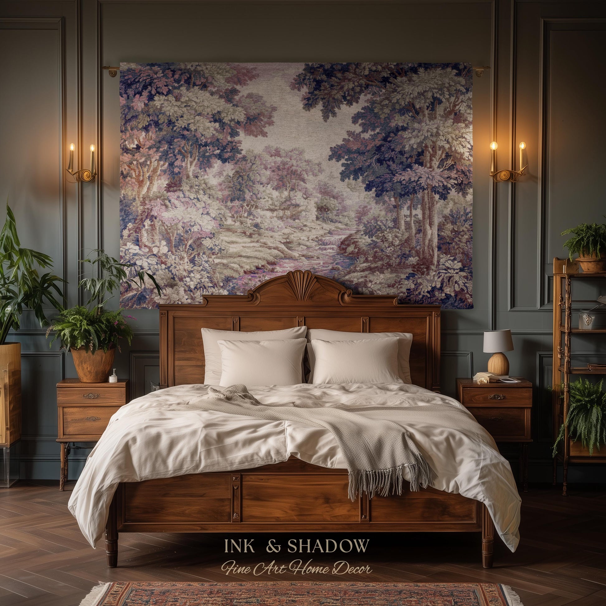 Dreamy Riverbank Romantic Wall Hanging | Cool Tone Pastel European Jacquard Woven Throw Blanket Aubusson French Verdure Tapestry Botanical
