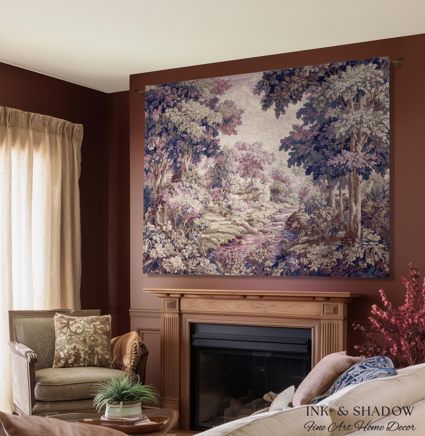 Dreamy Riverbank Romantic Wall Hanging | Cool Tone Pastel European Jacquard Woven Throw Blanket Aubusson French Verdure Tapestry Botanical