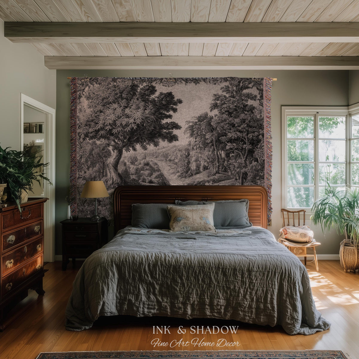 Tranquil Tonal Countryside Landscape Tapestry Wall Art | Monochrome Whimsical Woodland Scenic Woven Home Textile Rustic Charm Nature Decor