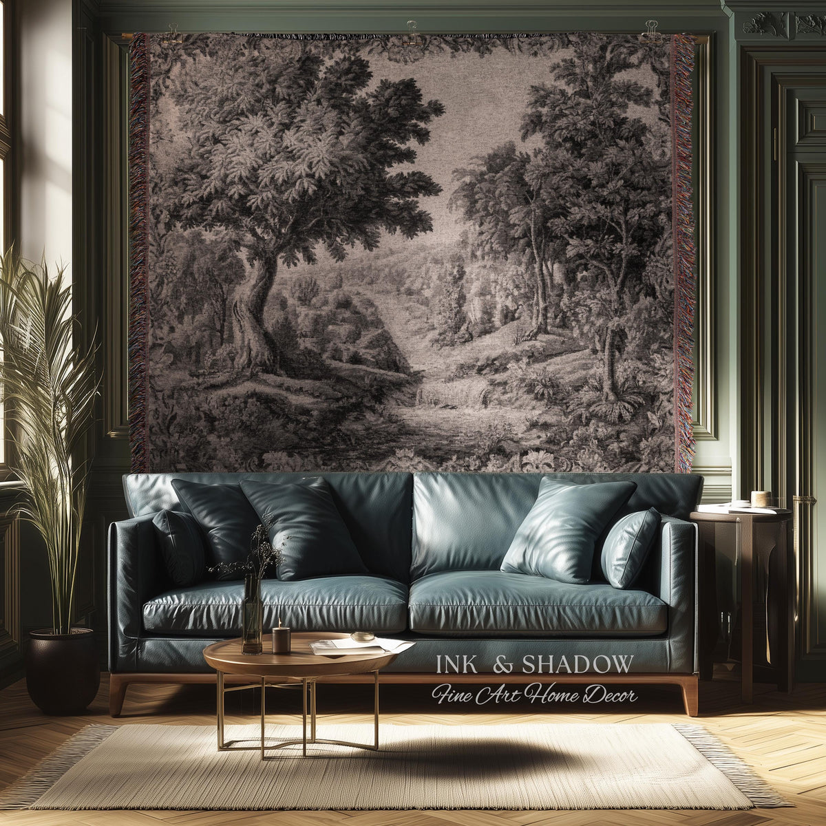 Tranquil Tonal Countryside Landscape Tapestry Wall Art | Monochrome Whimsical Woodland Scenic Woven Home Textile Rustic Charm Nature Decor