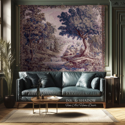 Aubusson Style Whimsical Woodland Art Wall Tapestry | French Rococo Textile Scenic Countryside Landscape Soft Luxury Romantic Pastoral Throw