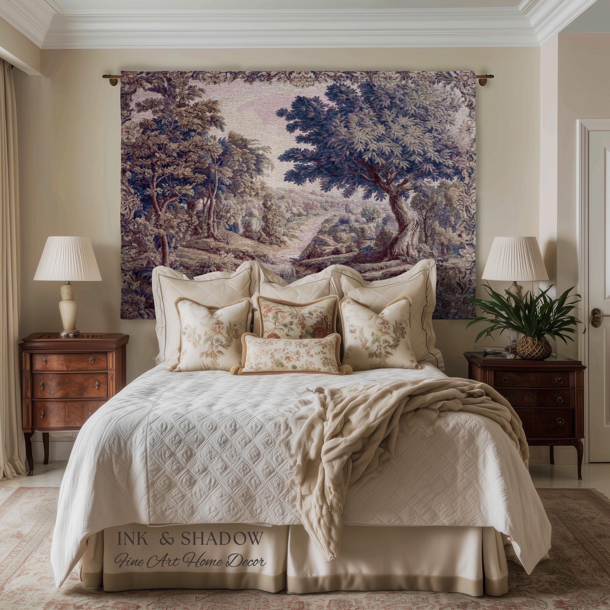 Aubusson Style Whimsical Woodland Art Wall Tapestry | French Rococo Textile Scenic Countryside Landscape Soft Luxury Romantic Pastoral Throw