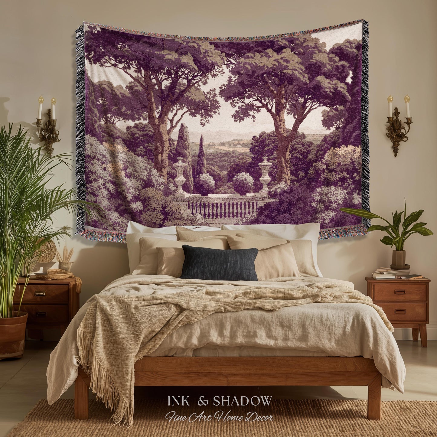 Mediterranean Villa Romantic Landscape Tapestry Throw | Pastoral Countryside Vintage Terrace Dark Romantic Jacquard Woven Classical Blanket
