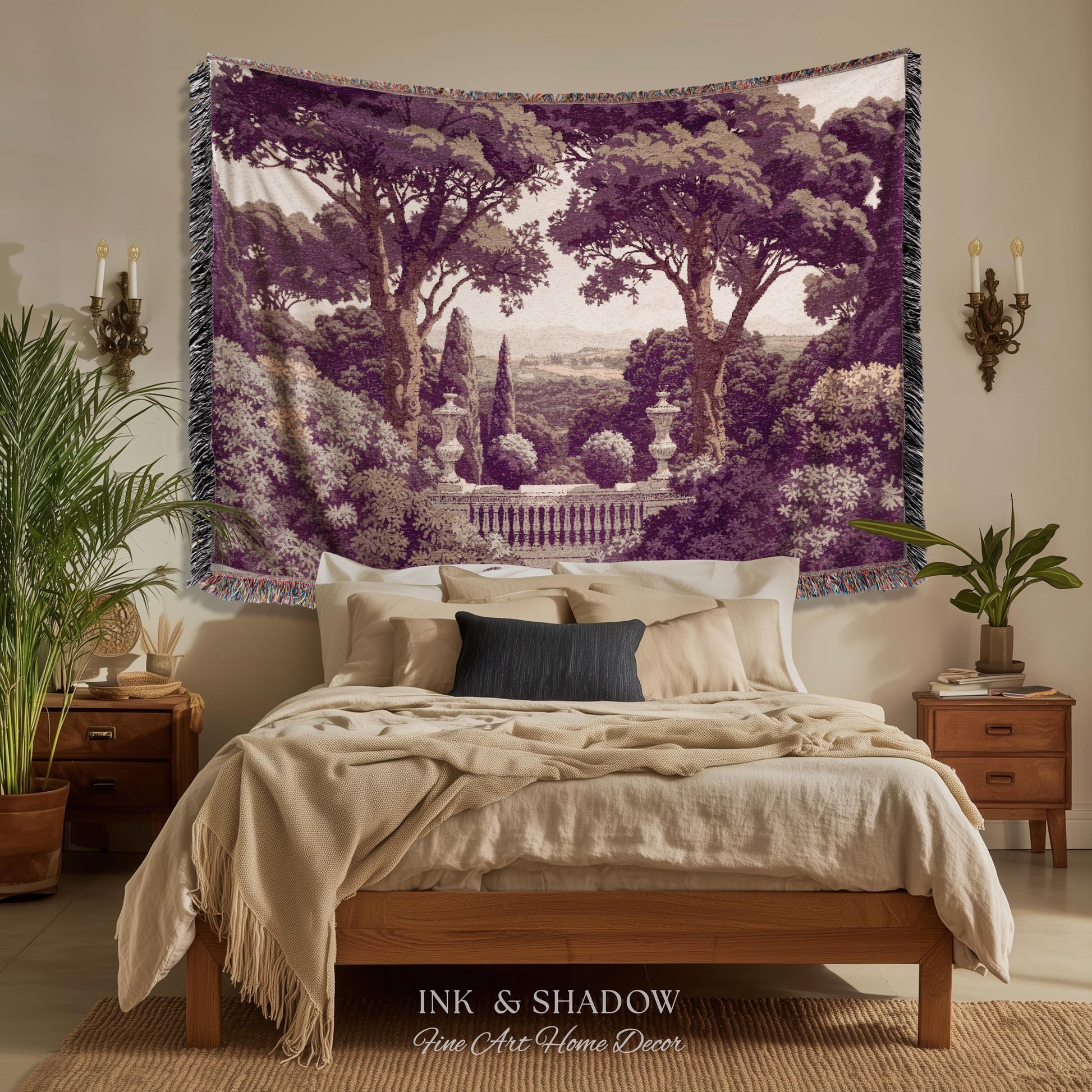 Mediterranean Villa Romantic Landscape Tapestry Throw | Pastoral Countryside Vintage Terrace Dark Romantic Jacquard Woven Classical Blanket