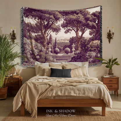 Mediterranean Villa Romantic Landscape Tapestry Throw | Pastoral Countryside Vintage Terrace Dark Romantic Jacquard Woven Classical Blanket