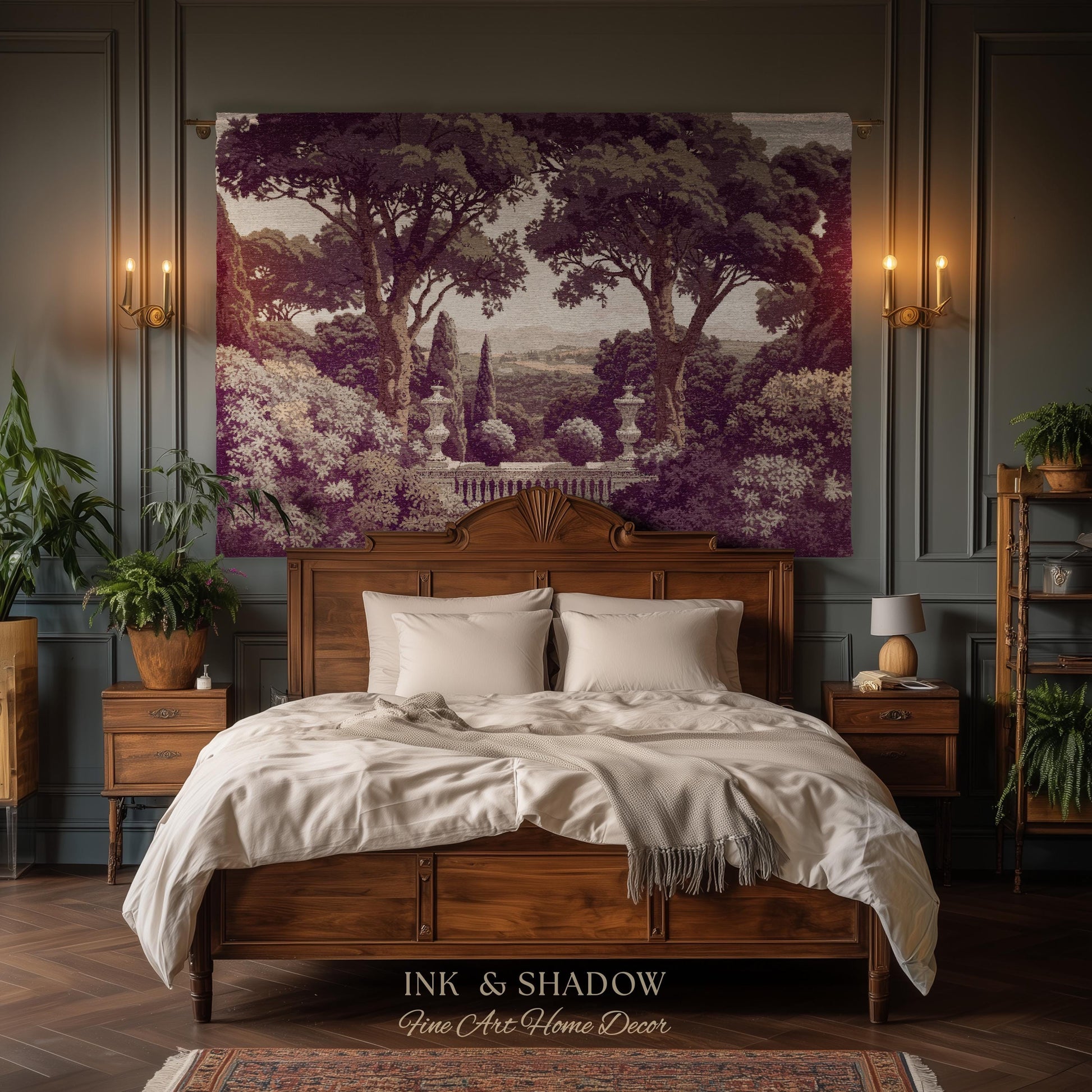 Mediterranean Villa Romantic Landscape Tapestry Throw | Pastoral Countryside Vintage Terrace Dark Romantic Jacquard Woven Classical Blanket