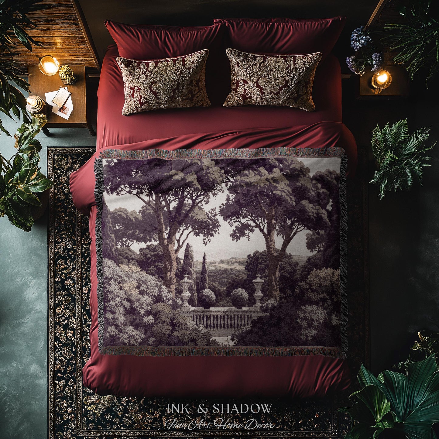 Mediterranean Villa Romantic Landscape Tapestry Throw | Pastoral Countryside Vintage Terrace Dark Romantic Jacquard Woven Classical Blanket