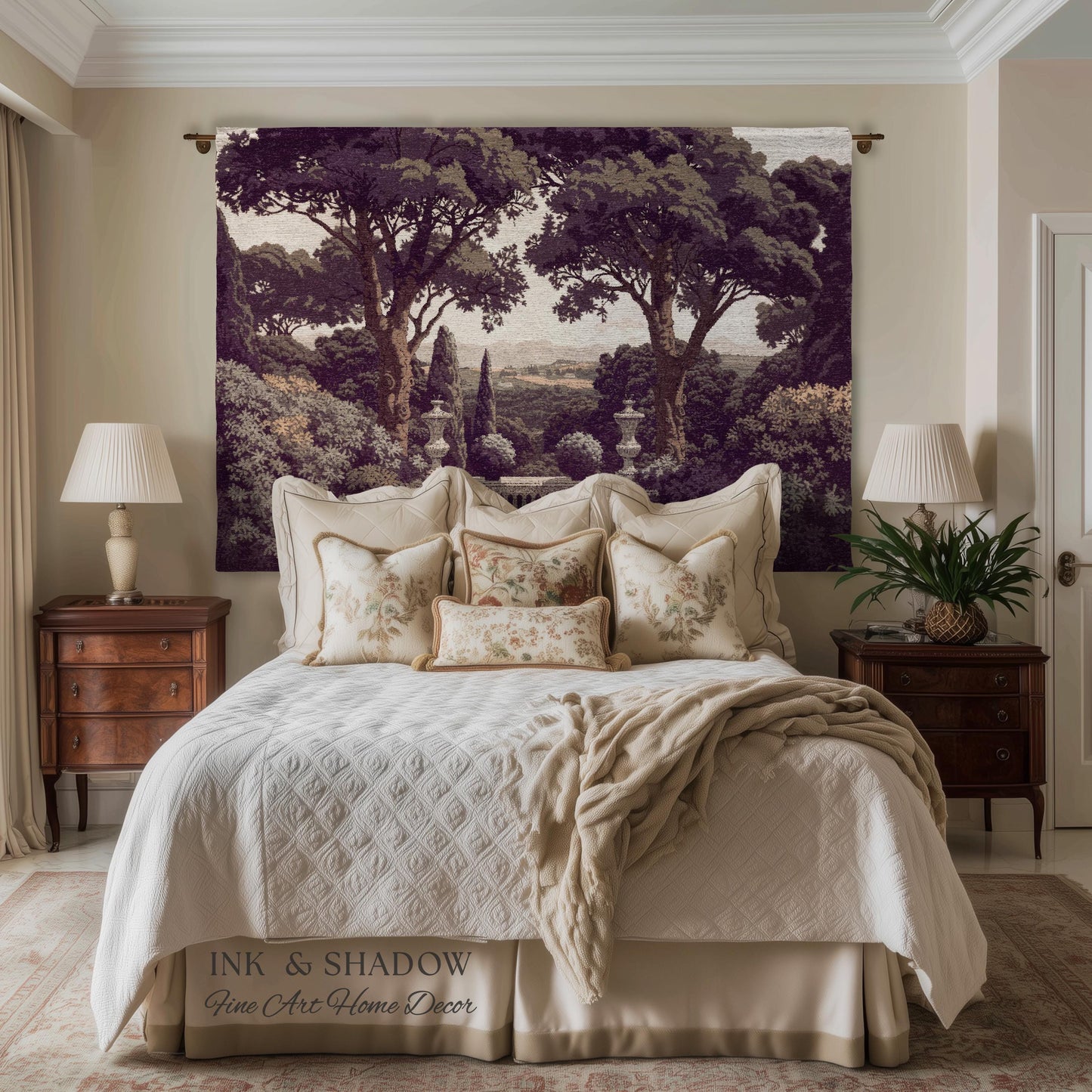 Mediterranean Villa Romantic Landscape Tapestry Throw | Pastoral Countryside Vintage Terrace Dark Romantic Jacquard Woven Classical Blanket