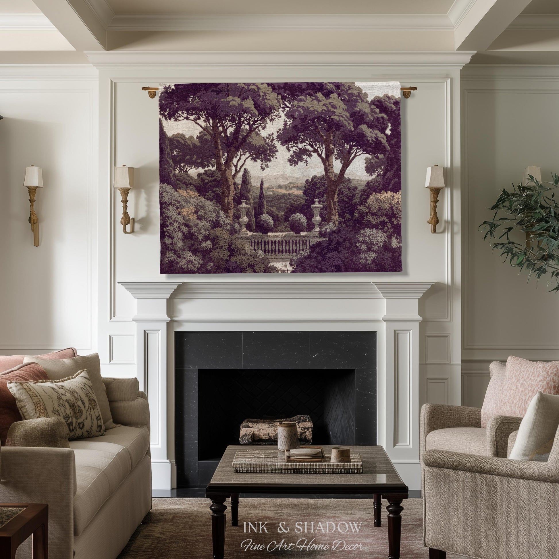 Mediterranean Villa Romantic Landscape Tapestry Throw | Pastoral Countryside Vintage Terrace Dark Romantic Jacquard Woven Classical Blanket