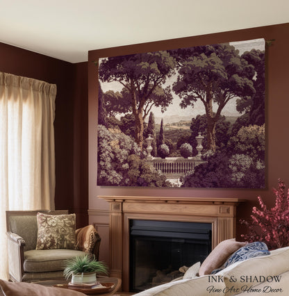 Mediterranean Villa Romantic Landscape Tapestry Throw | Pastoral Countryside Vintage Terrace Dark Romantic Jacquard Woven Classical Blanket