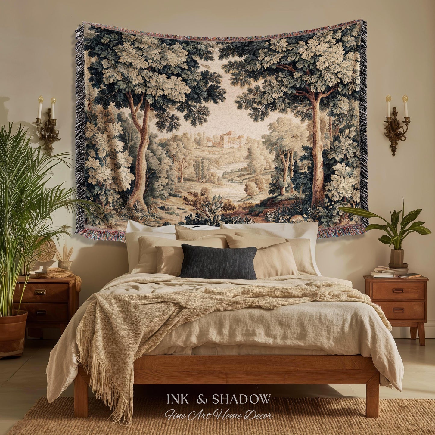Verdure Landscape Tapestry Woven Blanket, Vintage Pastoral Bedroom Wall Decor Neutral Antique Style European Countryside Classic Cottage Art