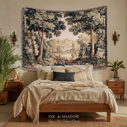 Verdure Landscape Tapestry Woven Blanket, Vintage Pastoral Bedroom Wall Decor Neutral Antique Style European Countryside Classic Cottage Art