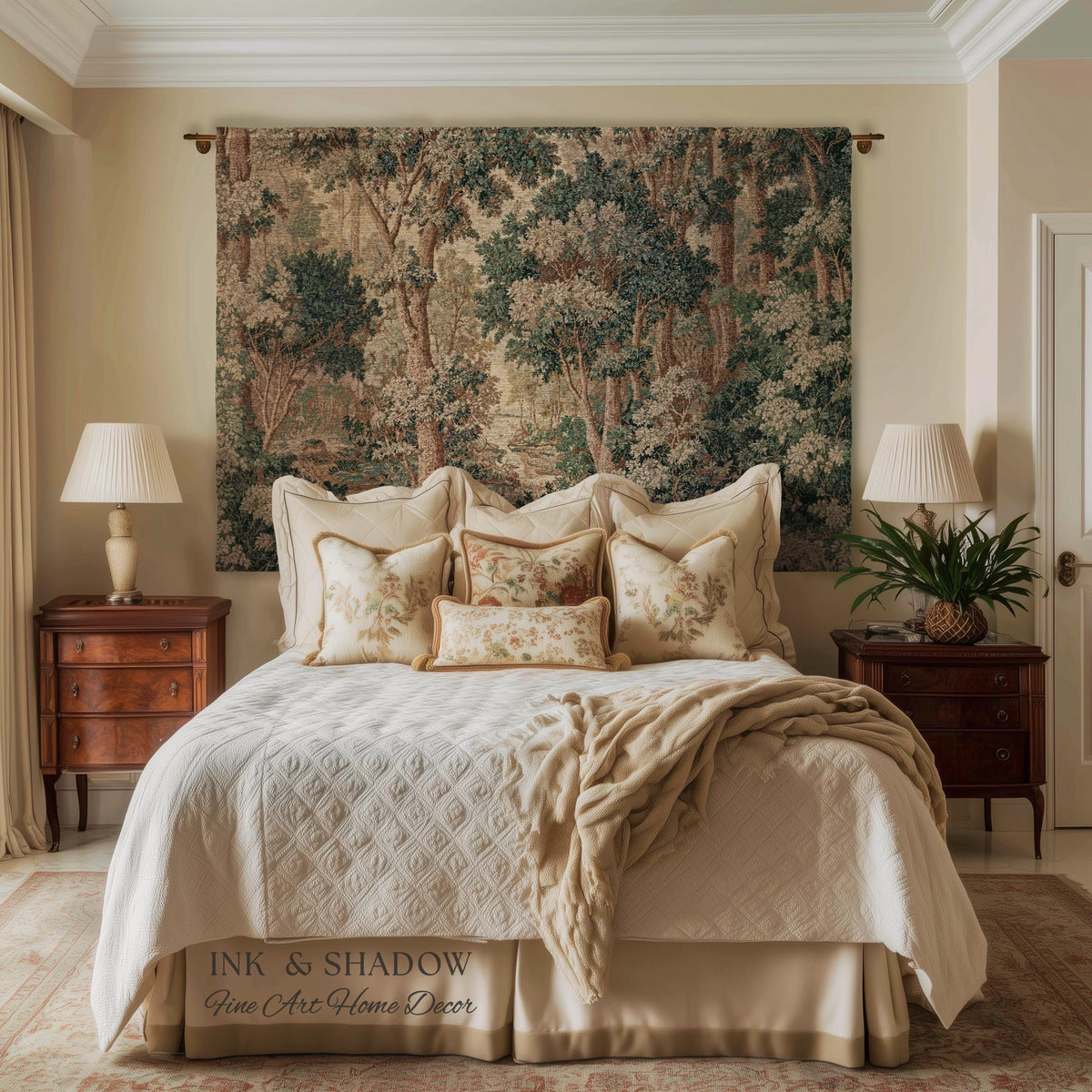 Pastoral Woodland Scene Forest Wall Hanging Jacquard Tapestry, European Verdure French Country Style Romantic Landscape Woven Throw Blanket