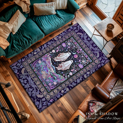 Cosmic Purple Ghost Landscape Rug | Ethereal Landscape Whimsical Accent Rug Cottagecore Halloween Bedroom Fairycore Aesthetic Floral Decor |