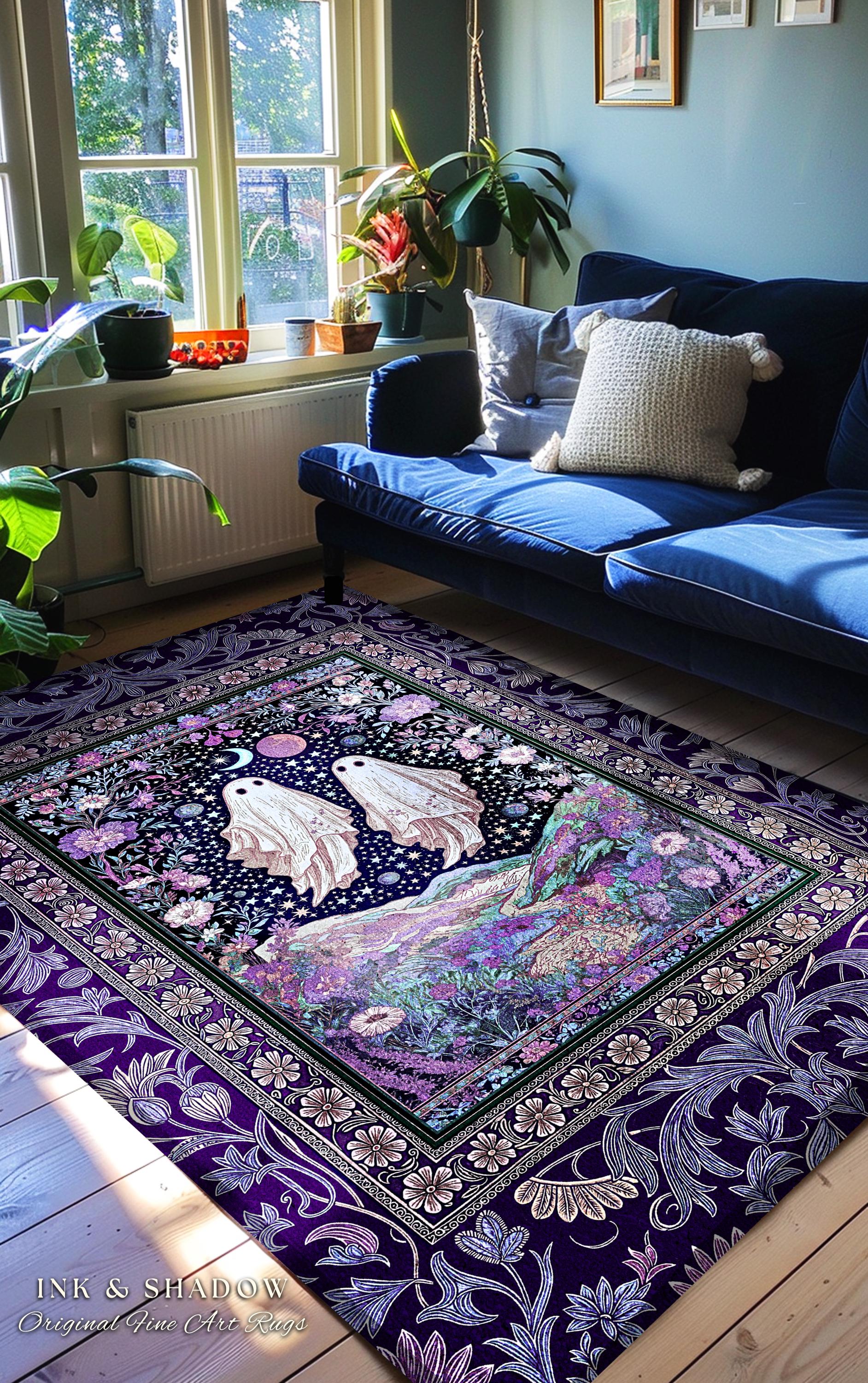 Cosmic Purple Ghost Landscape Rug | Ethereal Landscape Whimsical Accent Rug Cottagecore Halloween Bedroom Fairycore Aesthetic Floral Decor |