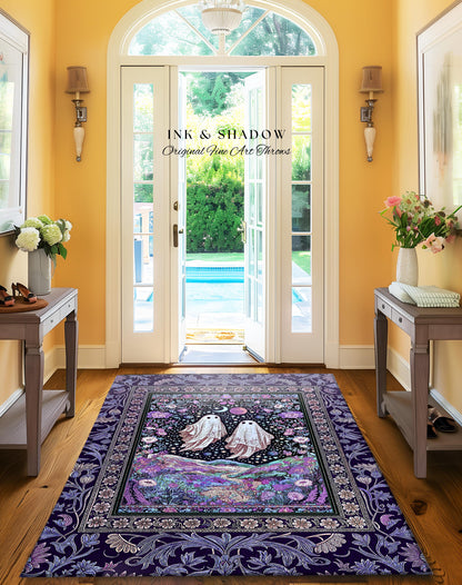 Cosmic Purple Ghost Landscape Rug | Ethereal Landscape Whimsical Accent Rug Cottagecore Halloween Bedroom Fairycore Aesthetic Floral Decor |