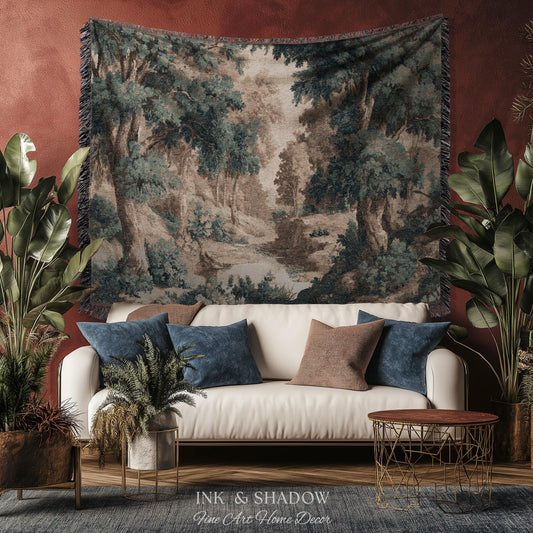 Rustic Landscape Forest River Art Woven Tapestry Throw | European Vintage Verdure Woodland Wall Decor French Jacquard Peaceful Nature Scene