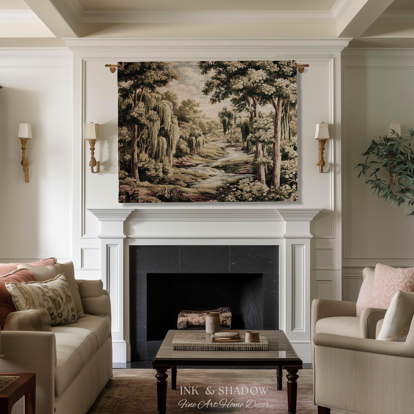 French Landscape River Scene Willow Tree Enchanted Forest Verdure Tapestry, Pastoral Wall Decor Aubusson Style Woven Throw Tranquil Home Art