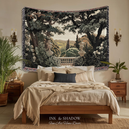 Classical Elegance Verdure Terrace Landscape European Tapestry Throw | French Chateau Garden Wall Art Traditional Jacquard Woven Blanket