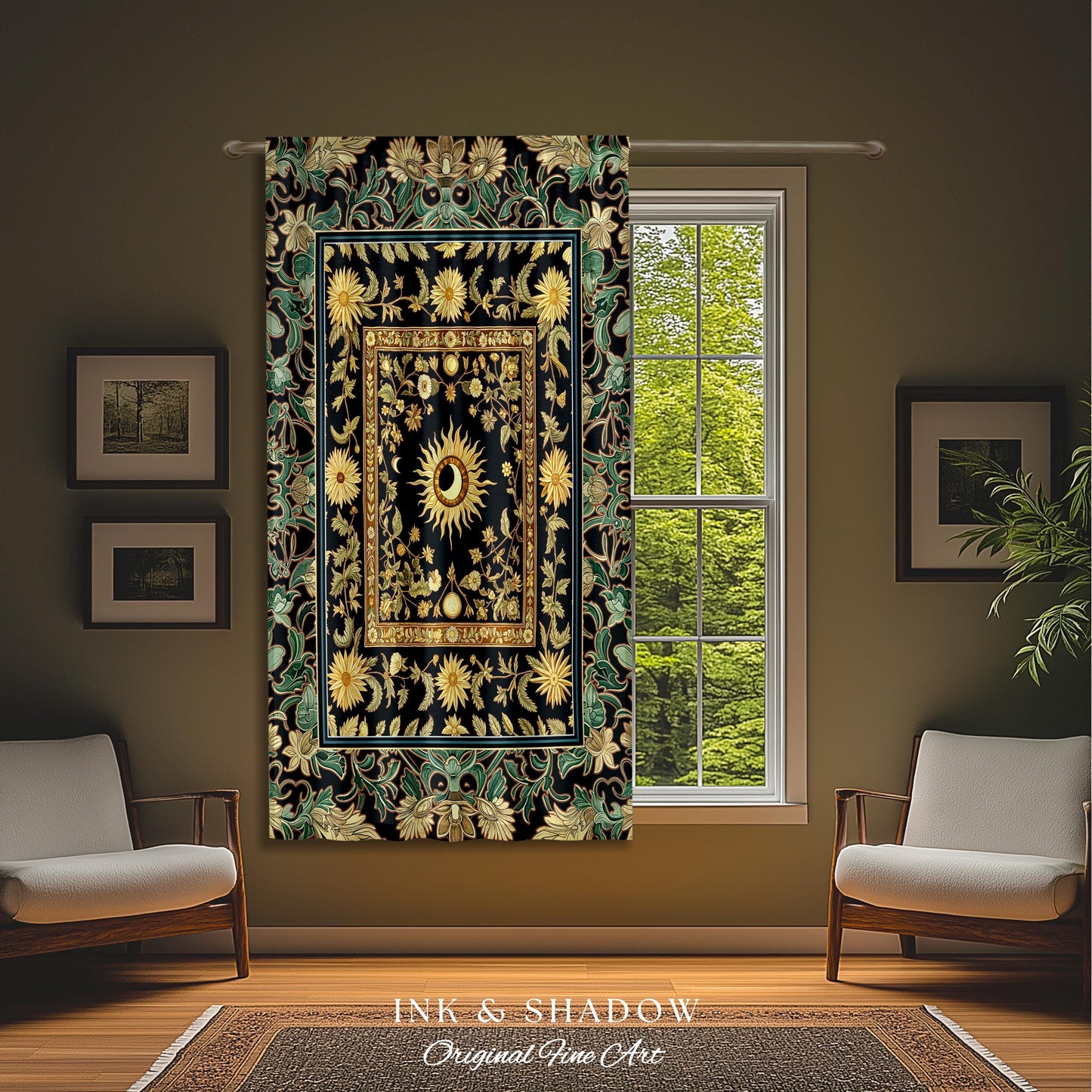 May include: A tapestry featuring a black background with a gold and green floral design. The center of the tapestry features a gold frame with a black background and a gold sun and moon design. The text "INK & SHADOW Original Fine Art" is at the bottom of the image.
