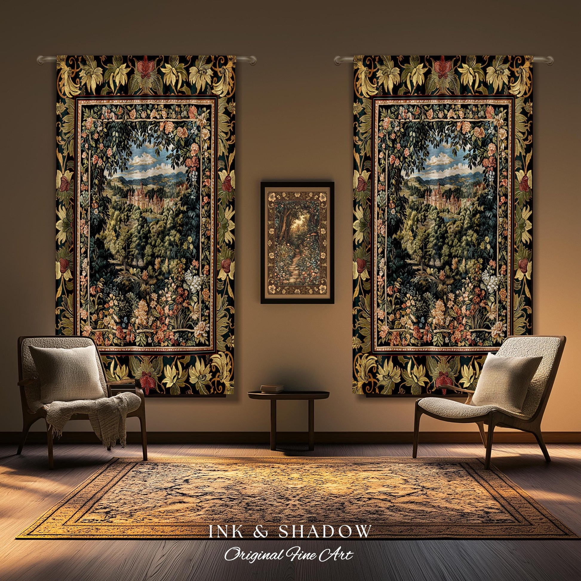 May include: Two tapestry wall hangings with intricate floral borders and a central scene of a lush green forest with a castle in the distance. The tapestries are hung on a brown wall with a smaller framed tapestry hanging between them. The room is decorated with a rug and two chairs.