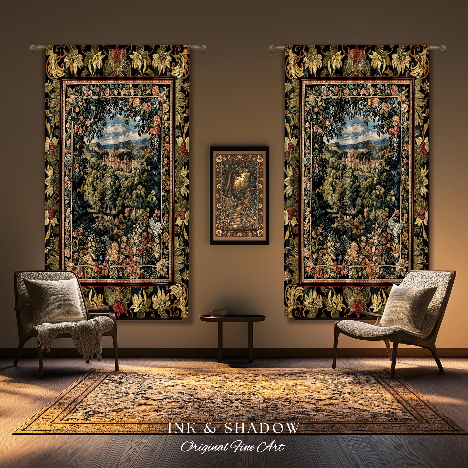 May include: Two tapestry wall hangings with intricate floral borders and a central scene of a lush green forest with a castle in the distance. The tapestries are hung on a brown wall with a smaller framed tapestry hanging between them. The room is decorated with a rug and two chairs.