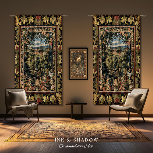 May include: Two tapestry wall hangings with intricate floral borders and a central scene of a lush green forest with a castle in the distance. The tapestries are hung on a brown wall with a smaller framed tapestry hanging between them. The room is decorated with a rug and two chairs.