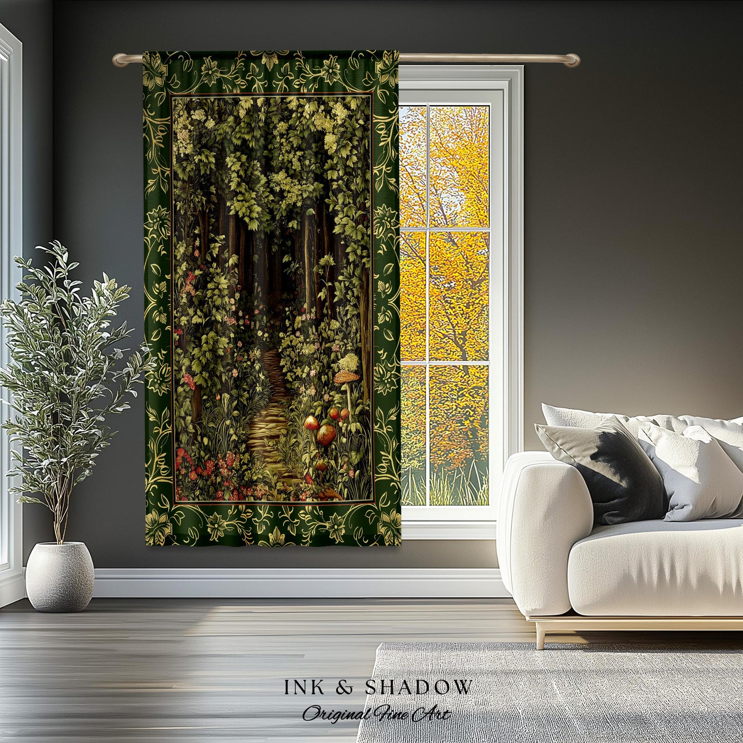 May include: A tapestry featuring a green forest path with a leafy canopy overhead. The path is lined with trees and bushes, and there are mushrooms scattered along the way. The tapestry has a dark green background with a gold border.