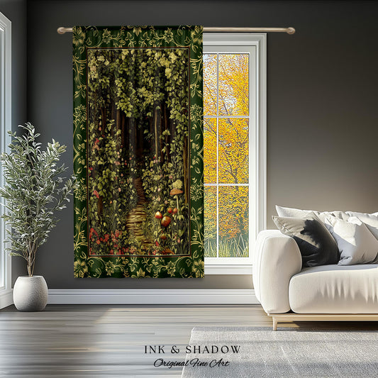 May include: A tapestry featuring a green forest path with a leafy canopy overhead. The path is lined with trees and bushes, and there are mushrooms scattered along the way. The tapestry has a dark green background with a gold border.