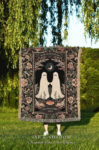 May include: A black throw blanket with a floral border and a central design featuring two white ghost figures holding hands under a crescent moon. The text "TIL DEATH DO US PART" and "DYLAN & GABBY 2024" are also visible.