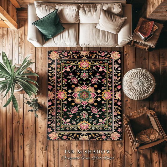 Maximalist Bohemian Area Rug | Dark Floral Aesthetic Living Room Home Decor Rustic Housewarming Gift Cottagecore Earth Tone Bedroom Mat