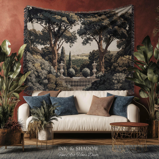 Tuscan Terrace Formal Wall Tapestry | Traditional Scenic Textile European Wall Art Neoclassical Verdure Woven Throw Blanket Classic Jacquard
