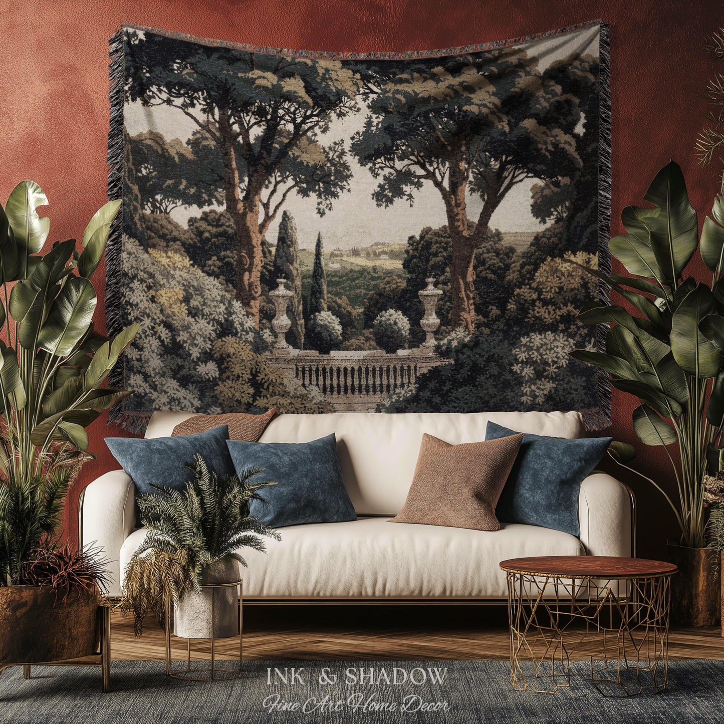 Tuscan Terrace Formal Wall Tapestry | Traditional Scenic Textile European Wall Art Neoclassical Verdure Woven Throw Blanket Classic Jacquard