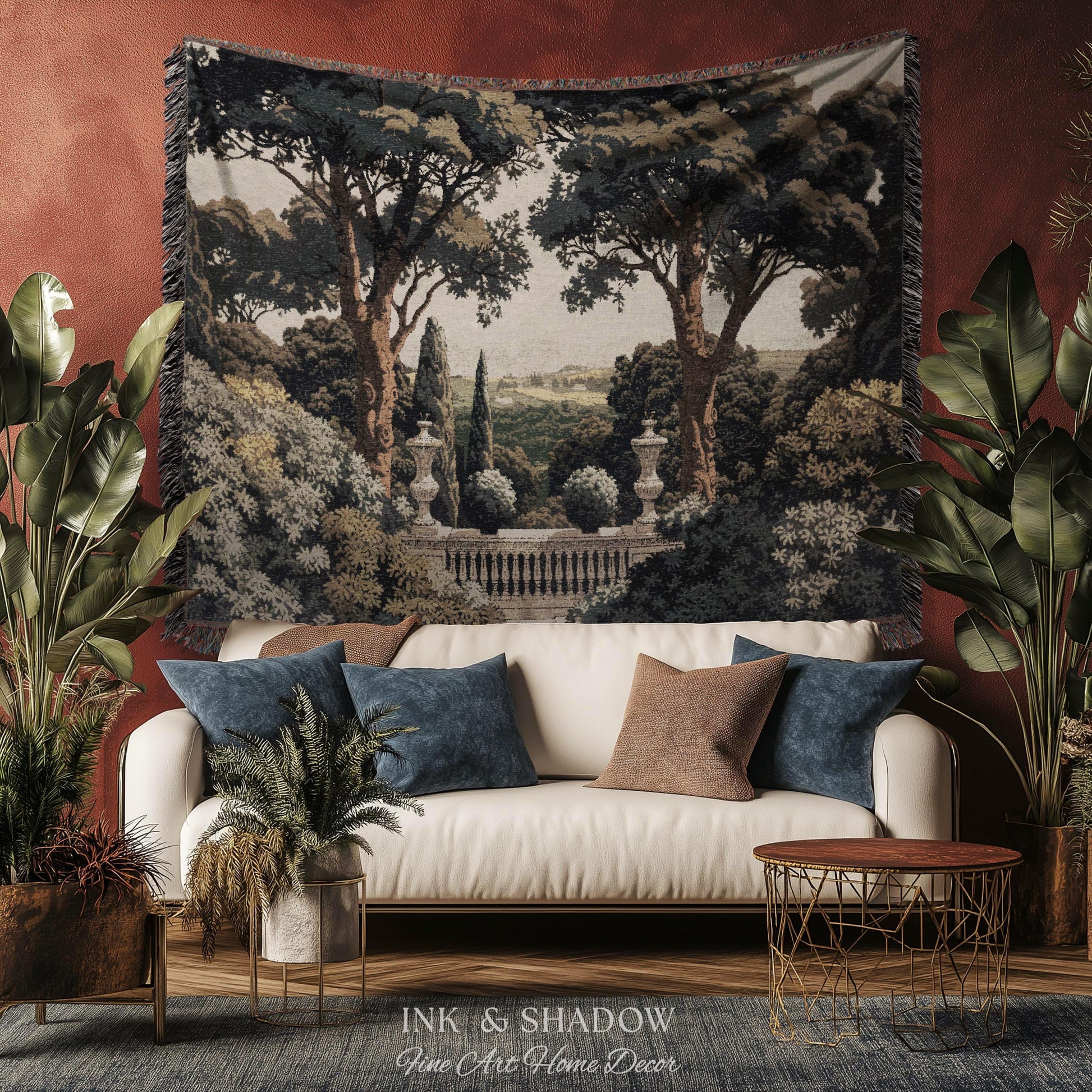 Tuscan Terrace Formal Wall Tapestry | Traditional Scenic Textile European Wall Art Neoclassical Verdure Woven Throw Blanket Classic Jacquard