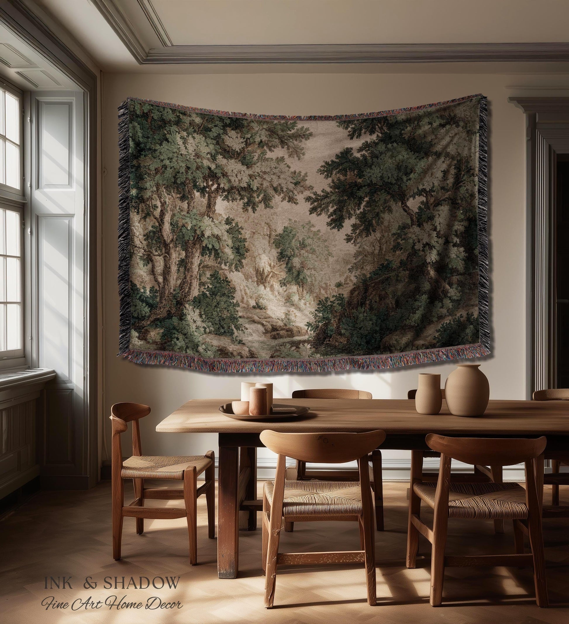 Tonalist Landscape Romantic Verdure Tapestry | Old World Woodland Landscape Muted Greenery European Jacquard Throw Blanket Traditional Art
