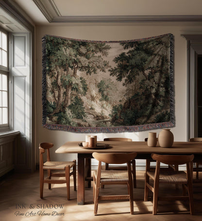 Tonalist Landscape Romantic Verdure Tapestry | Old World Woodland Landscape Muted Greenery European Jacquard Throw Blanket Traditional Art