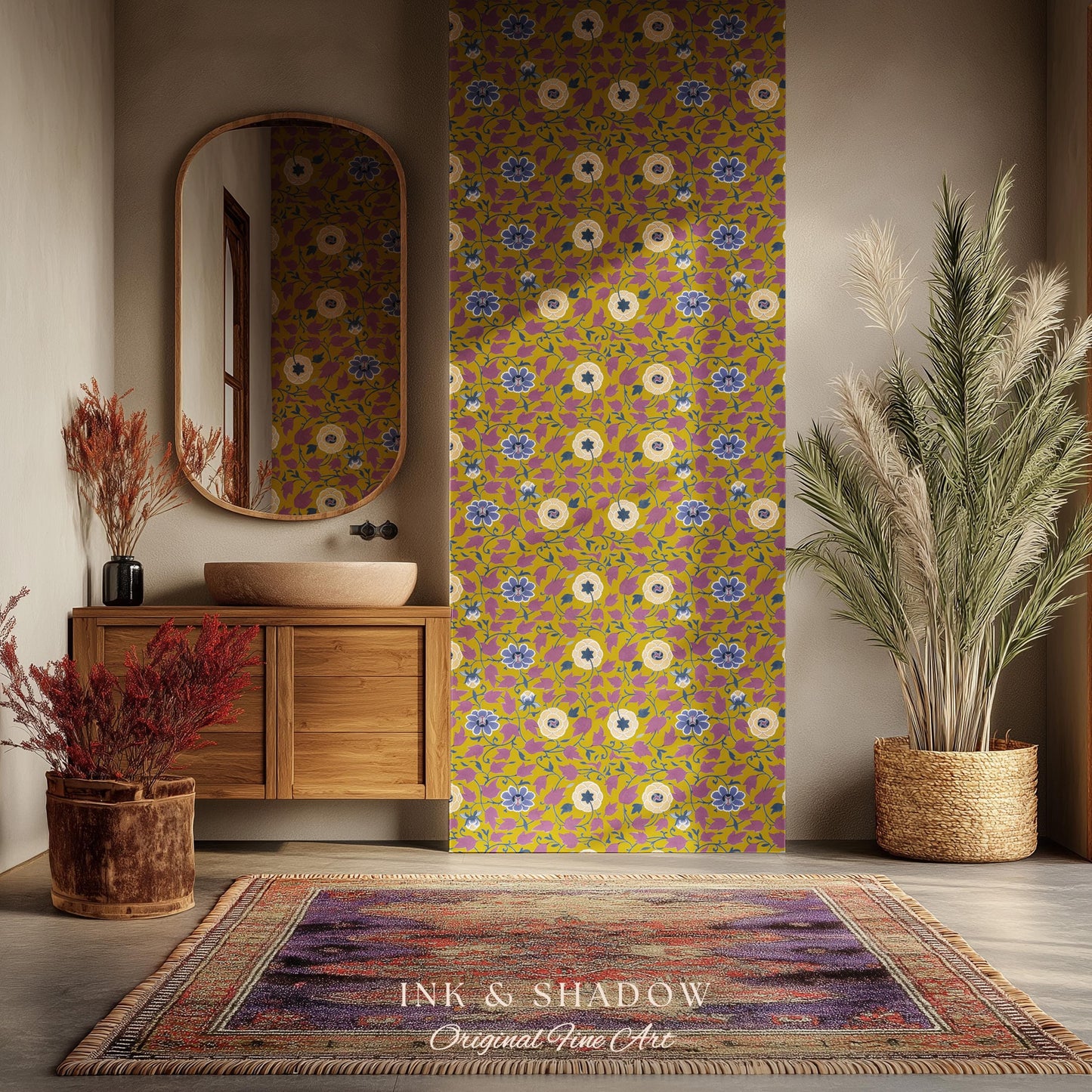 Small-Scale Floral Mustard Wallpaper | Vintage Botanical Detailed Wall Art Peel and Stick Bedroom Timeless Modern Appeal Renter Friendly |
